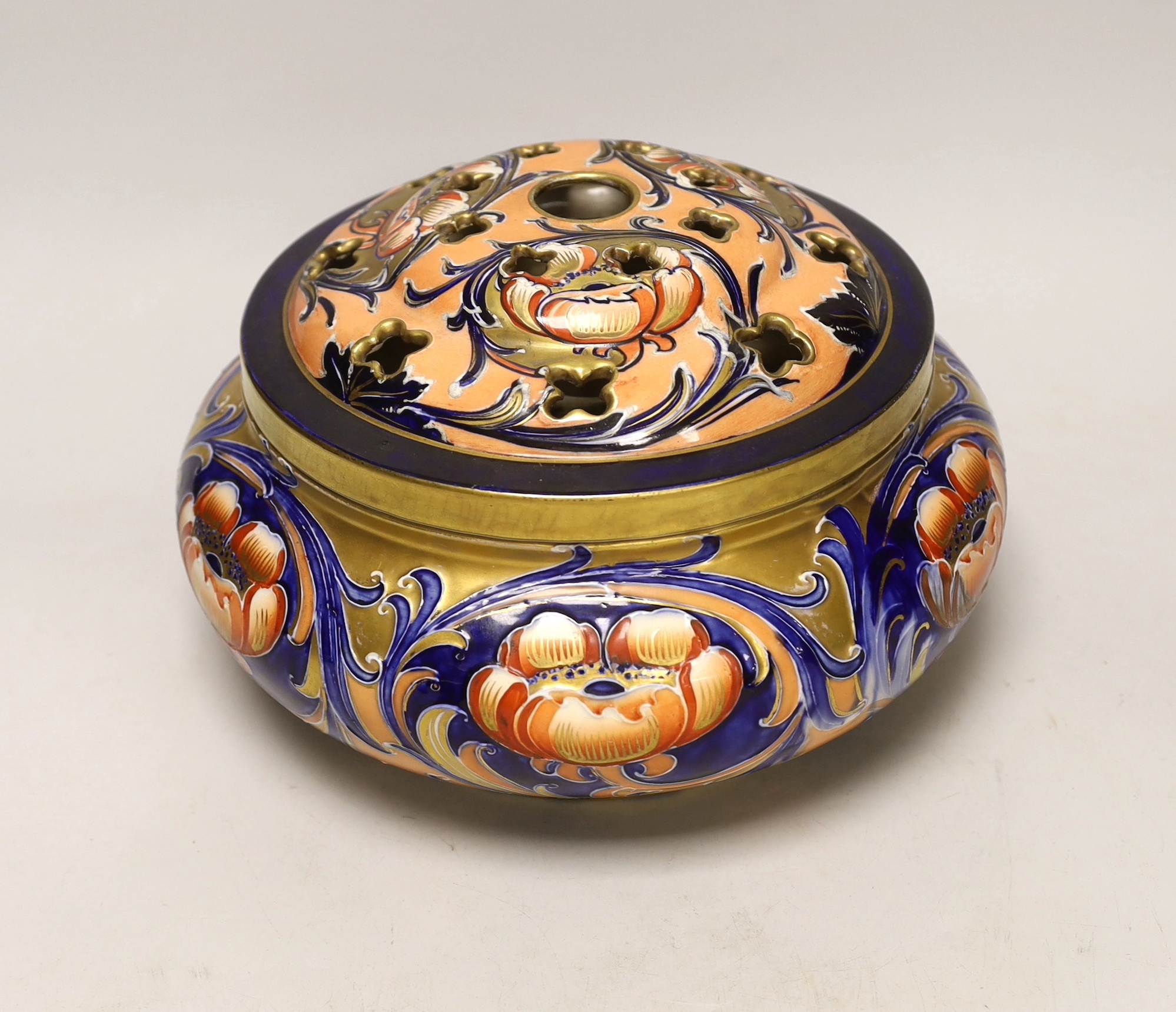 A large Macintyre Florian ware 'poppy' pot pourri bowl and cover, c.1904-1913, no Moorcroft signature, 24cm diameter